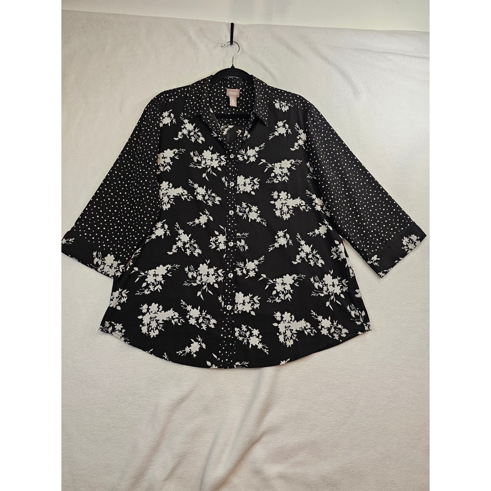 Chicos Women Black White Floral Polka Dot Mixed Print Button Blouse Size 2 L